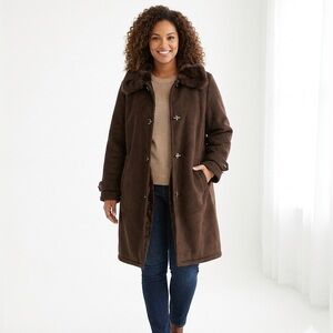Donnybrook Vintage Faux Suede Fur Lined Trench Coat Brown Plus Size 1X